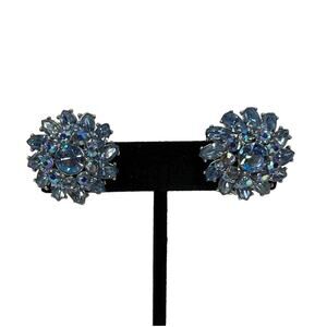 TRIFARI Vintage Blue Rhinestone Clip On Earrings Floral Burst Statement Classic